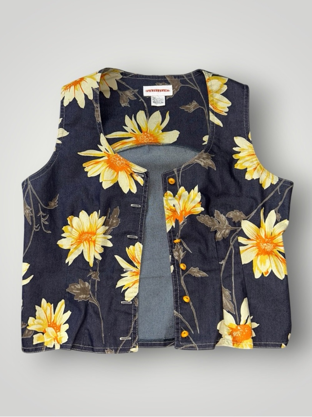 Solitaire Navy Floral Denim Vest with Yellow Sunflower
